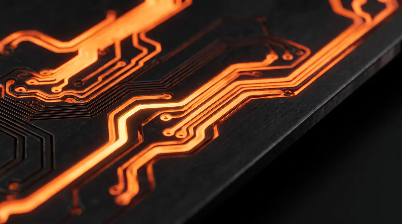 Molten metal flowing through channels engraved like circuit traces in a black steel plate