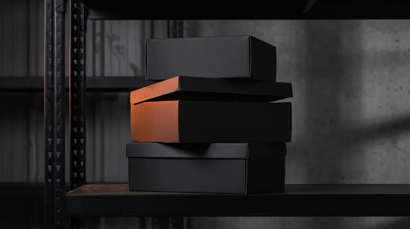 Three matte black product boxes stacked on a steel shelf under warm side light