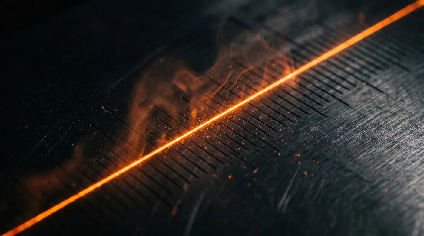 A thin orange laser line sweeping across a dark brushed-steel surface with fine measurement marks