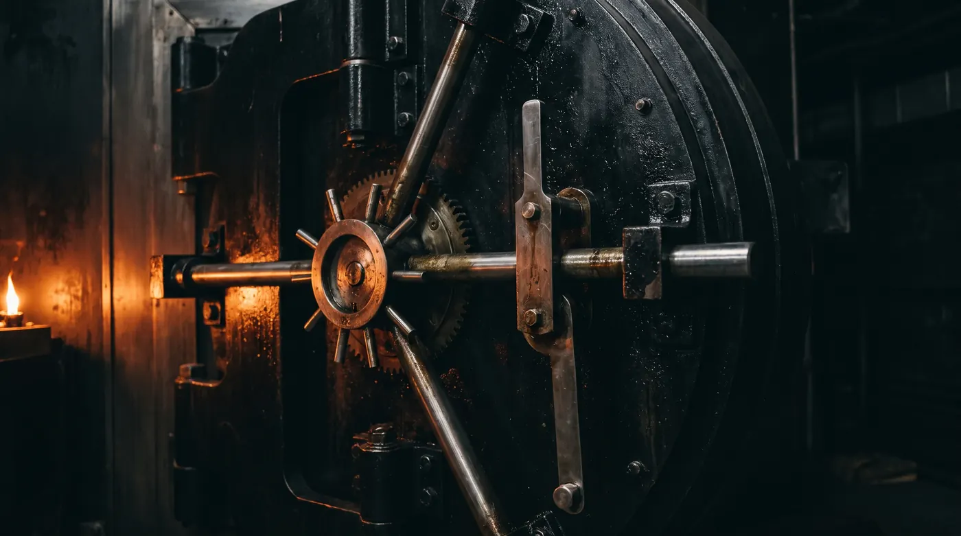 The locking mechanism of a heavy black steel vault door, lit by a warm glow
