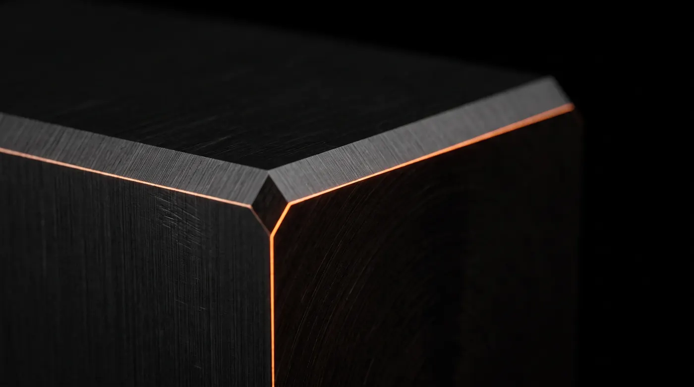 A precision-machined black metal panel with a thin line of warm light along its edge