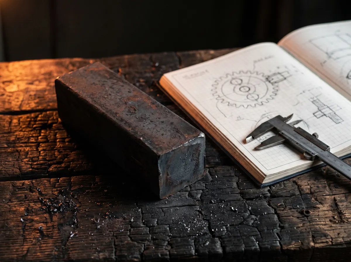 A raw steel billet on a scorched workbench beside an engineering notebook and calipers