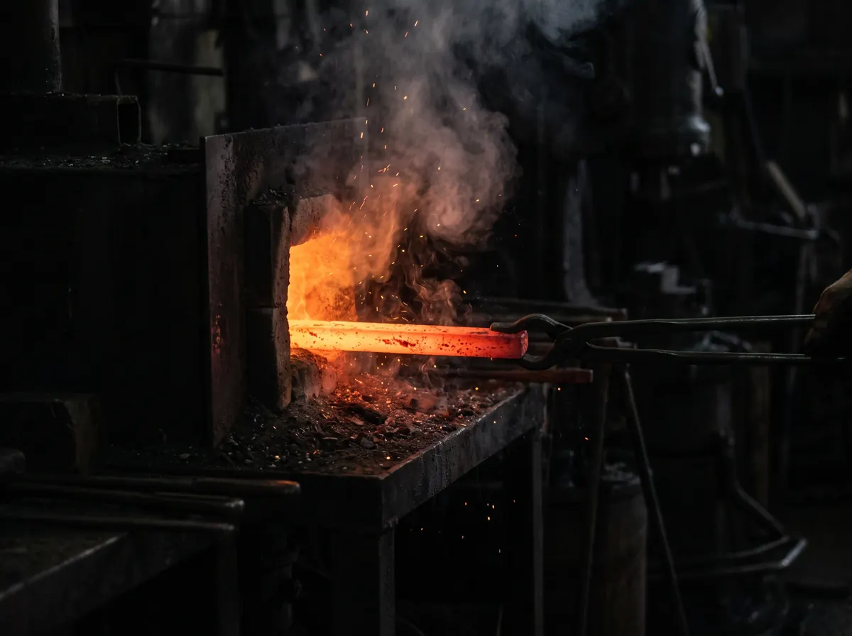 A bar of glowing steel being drawn out of a forge with tongs