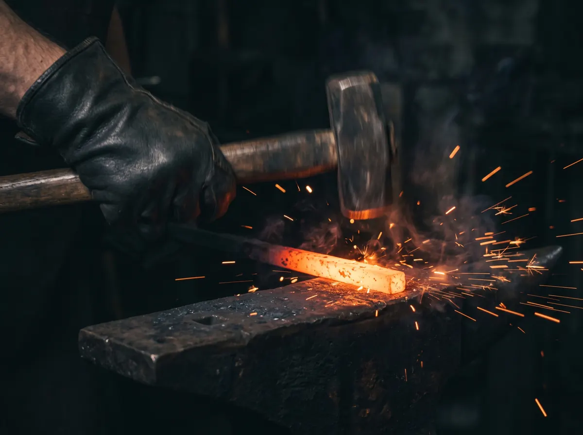 A hammer striking a glowing bar of steel on an anvil, sparks flying