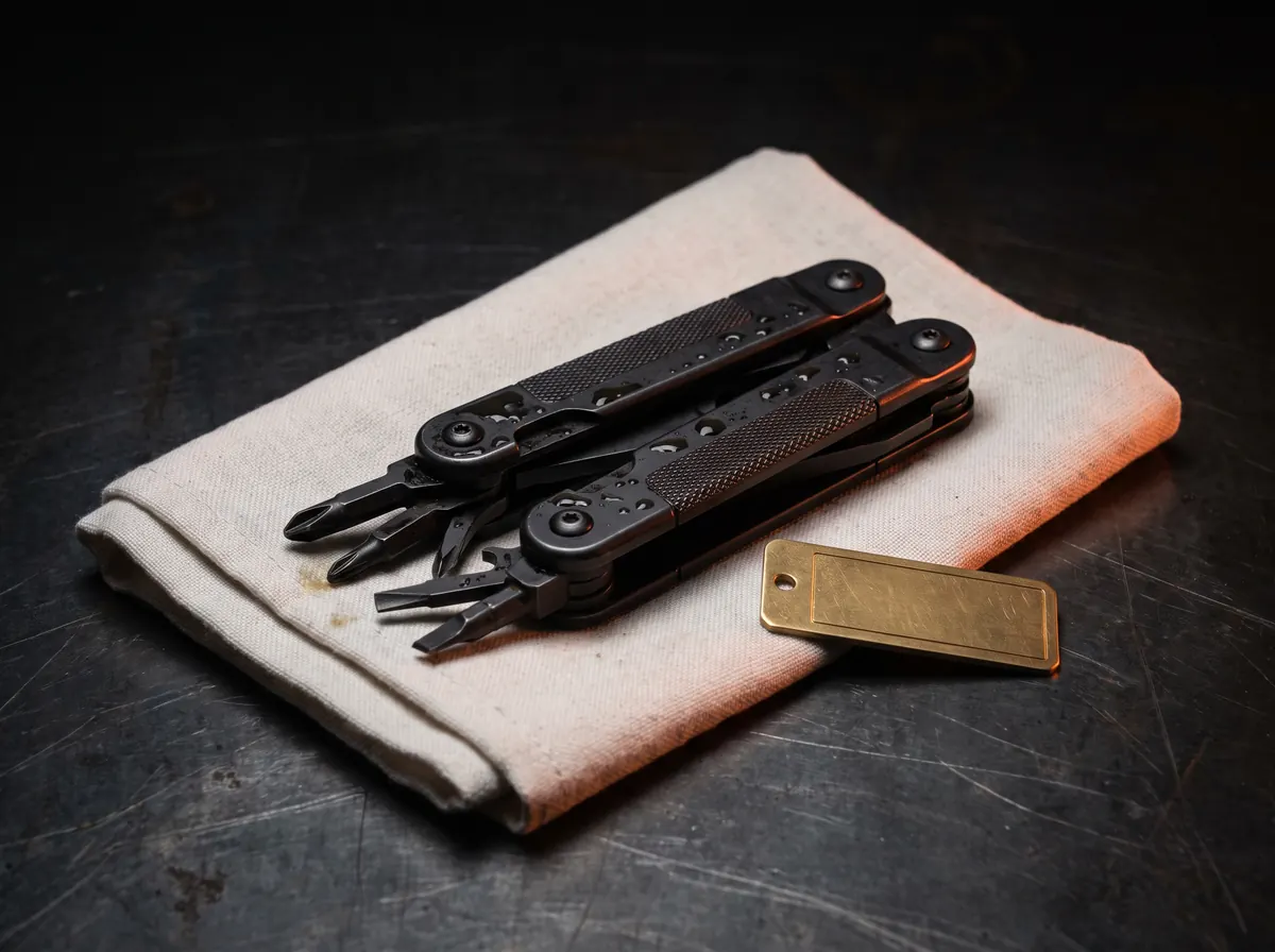 A finished black steel multi-tool resting on a folded linen cloth with a brass tag